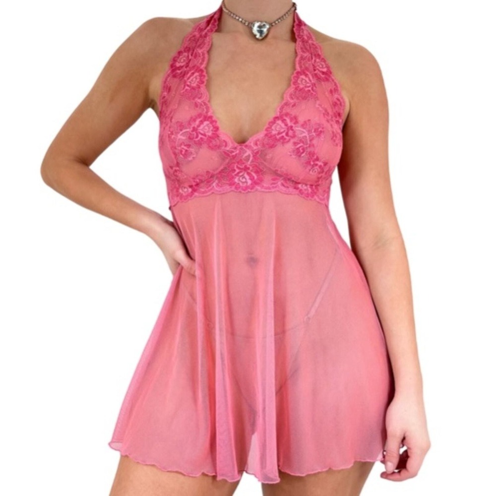Victoria's Secret Lace Slip‎ Dress Pink Embroidered Lingerie Y2K Babydoll Large